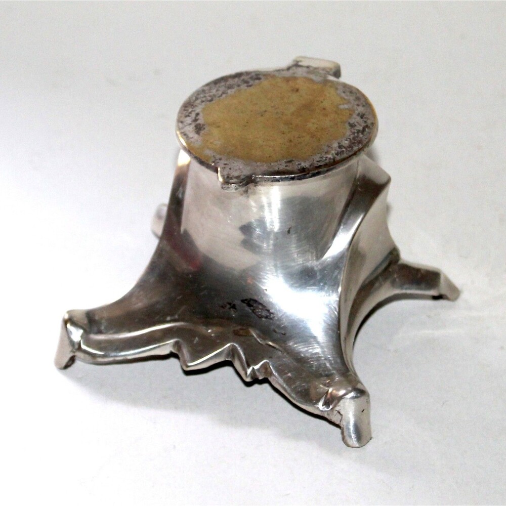 Vintage Inkwell Art Deco silver plated metal aluminum glass insert